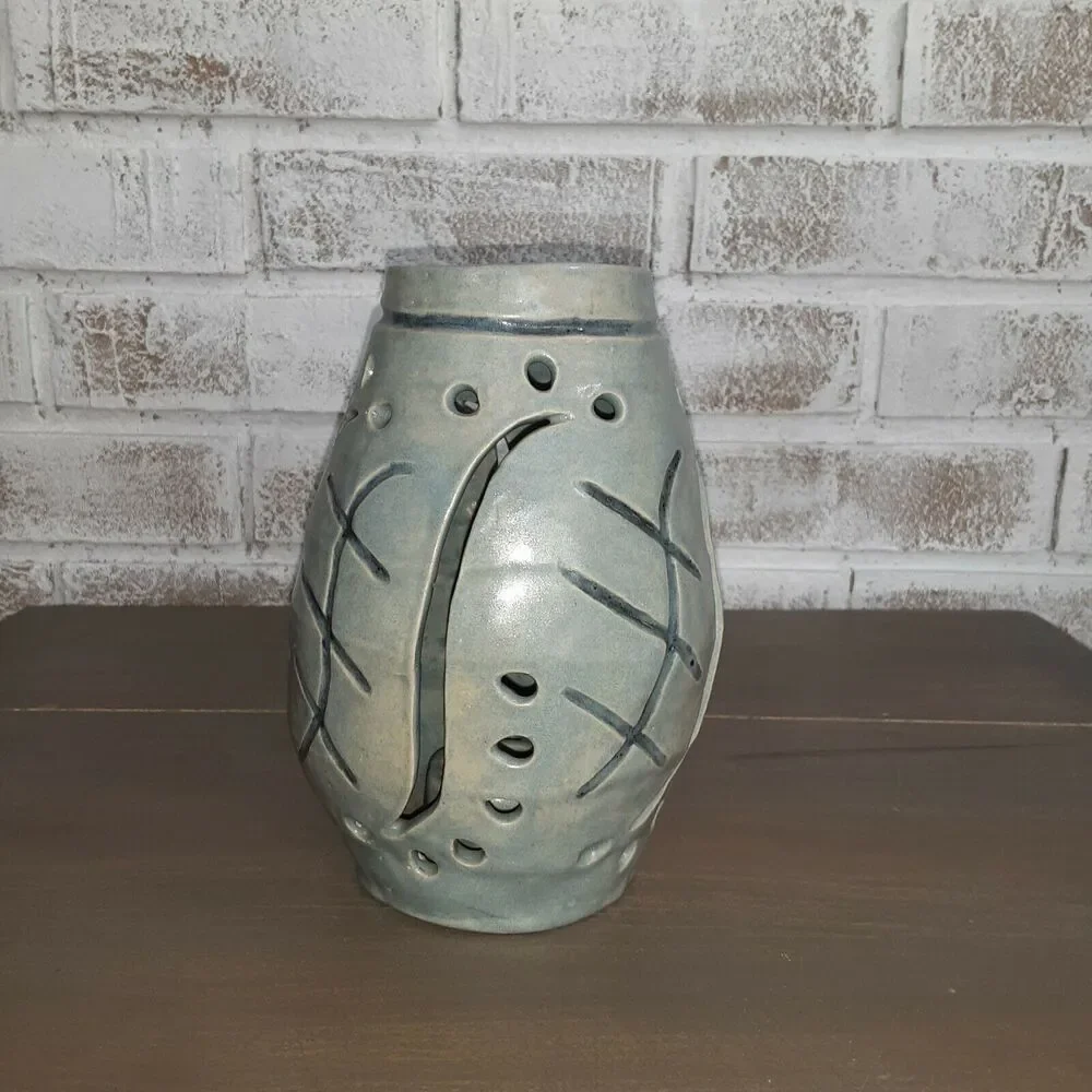 Nellie Segna Stoneware Candle Holder Etched/Eyelets Country Farmhouse